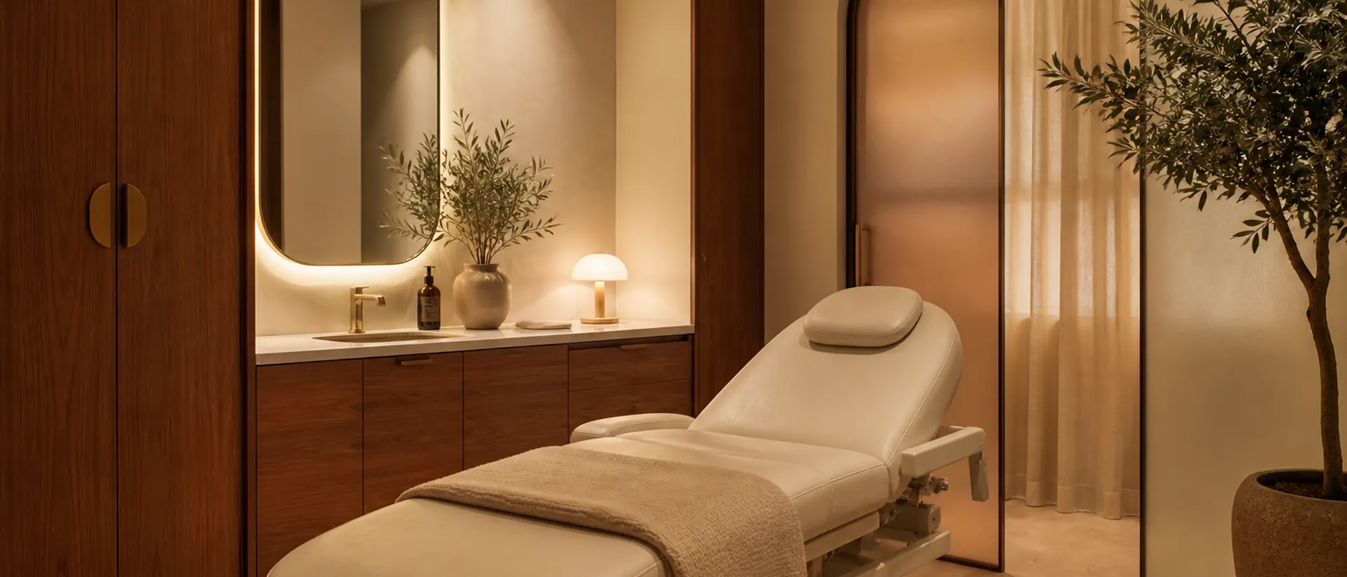 Warm private treatment studio with wood cabinetry, soft lighting, and a calm seating area